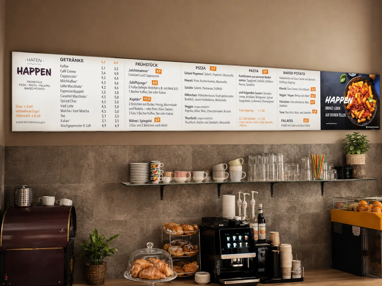 Speisekarte von Hafen Happen mit Getränken, Frühstück, Pizza, Pasta und Baked Potato