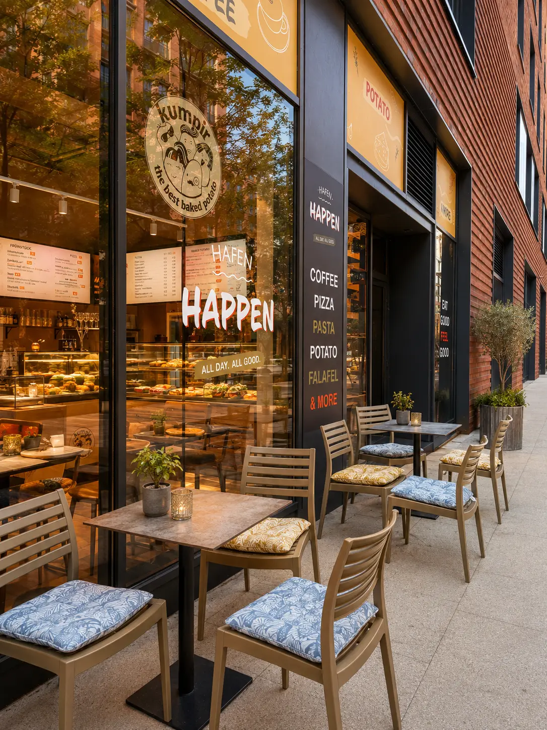 Außenansicht von Hafen Happen in der Hamburger HafenCity mit Außenplätzen
